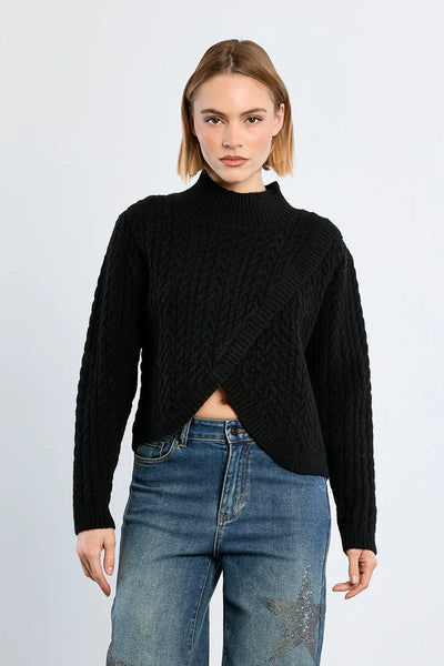 Reese Cable Knit Cross Front Sweater - Black
