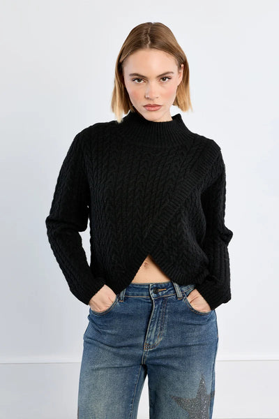 Reese Cable Knit Cross Front Sweater - Black