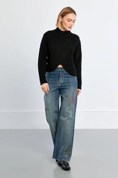 Reese Cable Knit Cross Front Sweater - Black