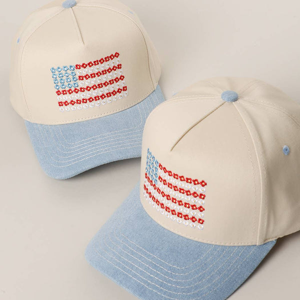Floral American Flag Embroidered Trucker Hat