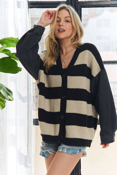 Marlisa Denim Sleeve Striped Cardigan