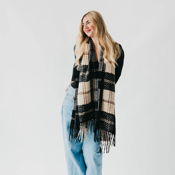 Penny Plaid Fringe Scarf - Black