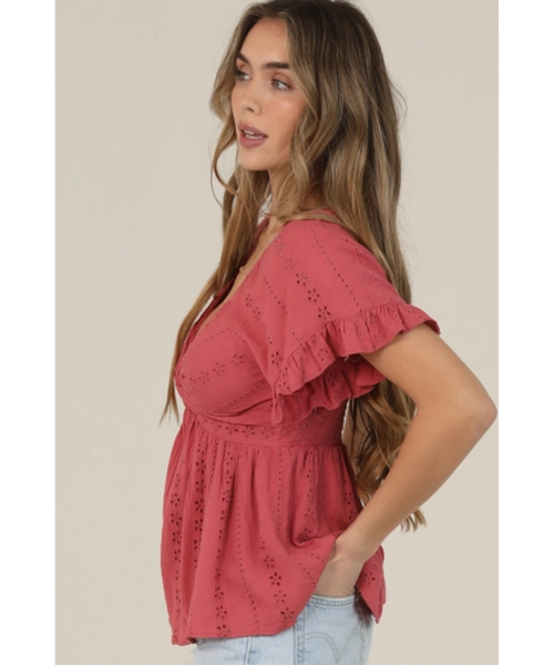 Cammie Twist Front Eyelet Top - Raspberry