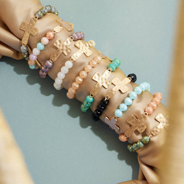 Glass Beaded Bracelet w/Chunky Cross  - Mint