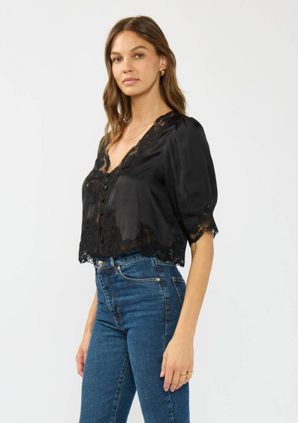 Shari Button Front Blouse with Lace Trim - Black