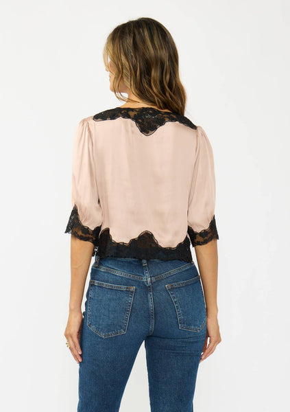 Shari Button Front Blouse with Lace Trim - Champagne
