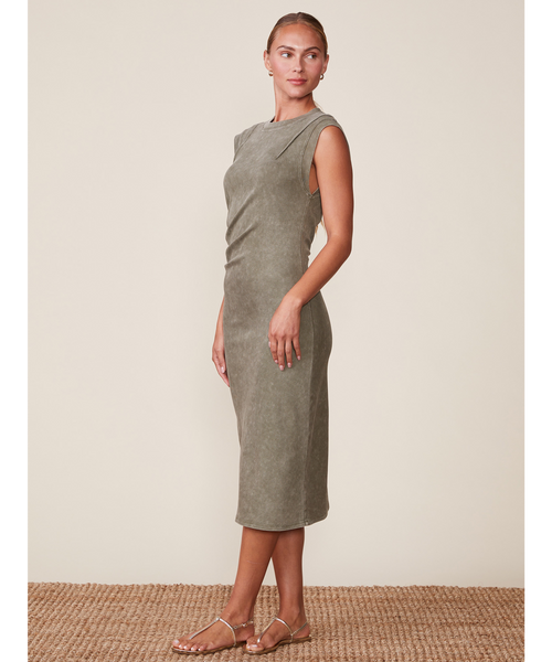 Evelyn Mineral Washed Midi Dress - Olive