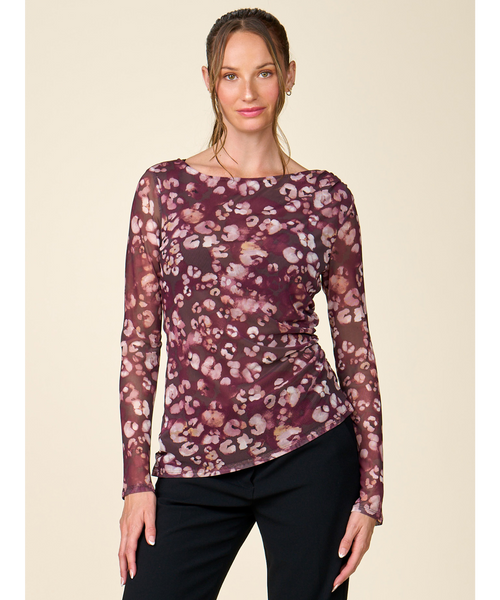 Floral Mesh Printed Boat Neck Top