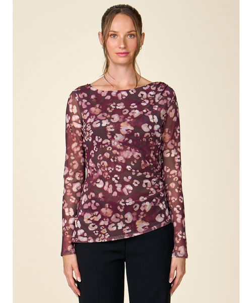 Floral Mesh Printed Boat Neck Top