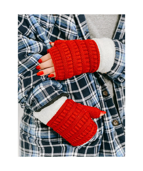 CC Beanie Fingerless Sherpa Lined Gloves - Ivory
